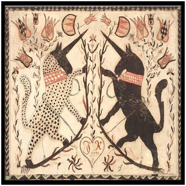 239. Crazy Quilt Unicorns Cotton Fabric: Americana Folk Art Fraktur Illustration (8x8 inches)
