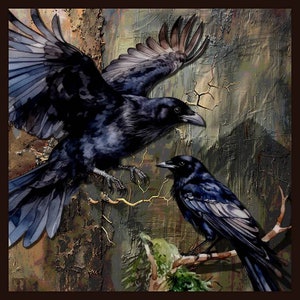 May include: An artistic rendering of two black ravens. One raven is in mid-flight with outstretched wings, while the other perches on a branch. The background features a textured, earthy color palette with hints of brown, green, and gold.