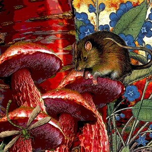 311. The Potting Shed Mouse and Red Fungi  Organic Cotton Sateen 8x8 inch Fabric Swatch