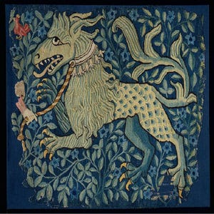 May include: A green, snarling, mythical beast with a long, scaly tail, depicted in a tapestry with a blue background and floral patterns.