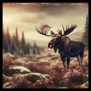 May include: A large, brown moose with large antlers stands in a snowy forest clearing. The moose is looking to the left of the image. The background is a blurry forest with a hazy sky.