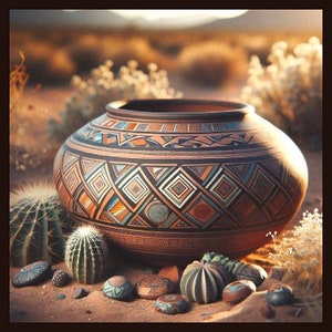 May include: A large, intricately patterned clay pot with geometric designs in shades of brown, blue, and orange. The pot is sitting on a sandy surface with small cacti and stones around it.