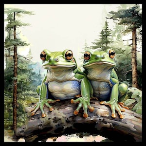 May include: Two green tree frogs with large, bulging eyes sit on a brown tree branch. The frogs are facing forward with their mouths closed. The background is a watercolor painting of a forest.