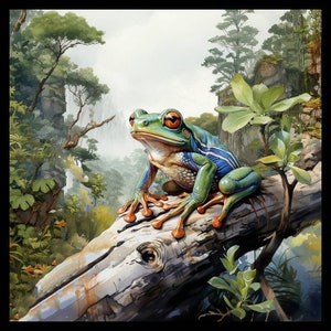 May include: A green and blue frog with orange eyes sits on a tree branch in a lush green jungle setting. The frog is perched on a branch with its legs outstretched. The background features a misty forest with tall trees and rocks.