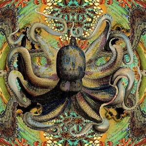H. Octopus Cotton Fabric Swatch: Haeckel Ocean Fantasy Quilt Square