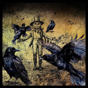 May include: An illustration of a scarecrow with a stitched smile, wearing a hat and tattered clothing, surrounded by several black crows. The background has a textured, aged appearance with a color palette of yellow, brown, and black.
