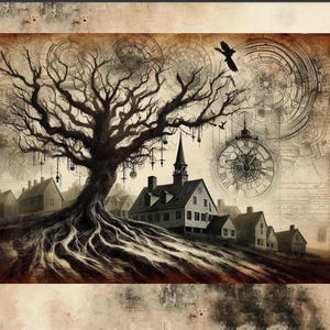 May include: A dark, skeletal tree with dangling ornaments stands in front of a small, gray building with a steeple. The background is a faded, sepia-toned parchment with intricate clockwork designs.