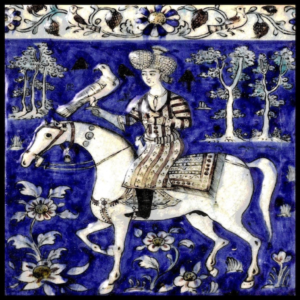 240. One Dark Academia Vintage Image of Blue and White Medieval Falconer approx. 8x8 inch