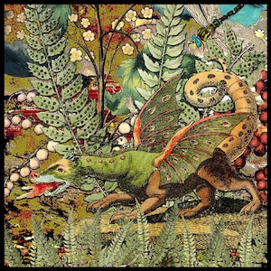 May include: A green and brown dragon with large, red-rimmed eyes and a long tail. The dragon is surrounded by lush green foliage and flowers. The dragon's wings are spread out, and it appears to be flying.