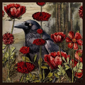 May include: A digital art print featuring a dark gray raven amidst vibrant red flowers with green stems and leaves. The background shows a blurred forest scene. The artwork has a vintage, slightly distressed aesthetic.