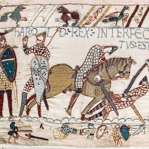 206a. Portion Battle of Hastings  Medieval Printed Tapestry Digital image Organic Cotton Sateen Fabric Swatch Yellow Green 9  x 9 1/2 inches