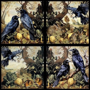 268b. 12 x 12 inch Panel Halloween Baba&#39;s Autumn Garden Raven Series  6 inch squares Organic COTTON Sateen Fabric Swatch Crazy Quilt