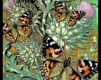 318b.  Butterfly and Thistle  Crazy Quilt Cotton Sateen Fabric  Swatch Purple Yellow Green  8 x 8 inches