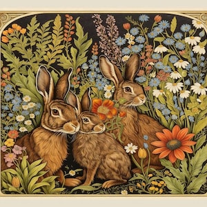 May include: An illustration of three brown hares nestled among colorful flowers and foliage. The artwork features a black background, a decorative border, and a variety of blooms, including daisies, orange and yellow flowers, and blue blossoms.