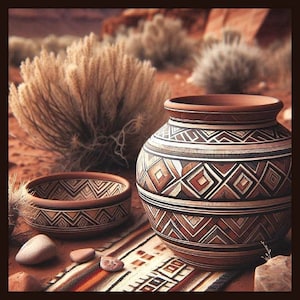 May include: Two terracotta pots with geometric patterns, one large and one small, are displayed on a woven rug with similar patterns. The pots are brown with black, white, and orange accents. The rug is red, orange, and black.