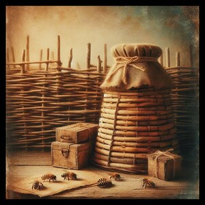 May include: A rustic wooden beehive with a burlap top sits on a wooden table with two small wooden boxes and several bees crawling around. The beehive is surrounded by a woven wicker fence.