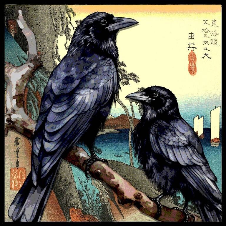 323b. Crazy Quilt Cotton Sateen Fabric Crow Pair 8 x 8 Inch fabric  Quilting Sewing