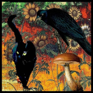 44. Halloween Baba&#39;s Black Cat and  Raven and 7.75 x 7.75 inch  Organic COTTON Sateen Fabric Swatch Crazy Quilt  Quilting Sewing