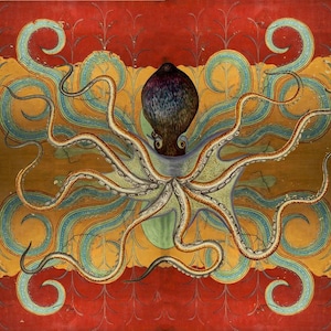 G.  Fat Quarter Octopus Ocean Crazy Quilt  Fantasy Yellow Red Teal Blue Cotton Swatch 18 x 21 inch