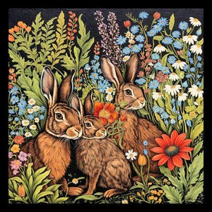 May include: A painting of three brown rabbits nestled among colorful wildflowers. The artwork features a dark background with vibrant blooms in shades of orange, blue, white, and pink. The rabbits have long ears and are surrounded by lush greenery.