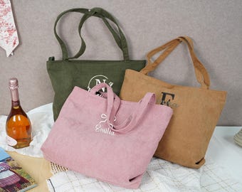 Personalisierte Cord-Einkaufstasche mit Reißverschluss, individuell gestickte Name Brautjungfer Tote, Monogramm Hochzeit Partygeschenk, Brautdusche Tasche