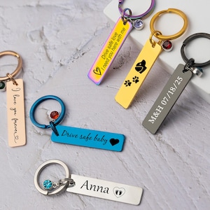 Personalized Stainless Steel Keychain with Birthstone - Custom Engraved Keyring for Him, Her, Boyfriend - Drive Safe Gift Idea
