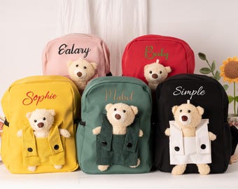 Mochila personalizada de ursinho bordado com nome, bolsa escolar fofa para crianças pequenas com urso destacável, presente de volta às aulas, presente de aniversário e Natal