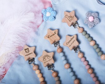 Prendedor de chupeta de estrela personalizável - Jeans, porta-chupeta personalizado para recém-nascido, presente personalizado para chá de bebê, porta-chupeta em tom pastel para bebê, presente para recém-nascido
