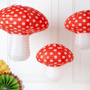 Mushroom Paper Lanterns, Red Polkadot, Fairy Party Decorations (Set of 3)