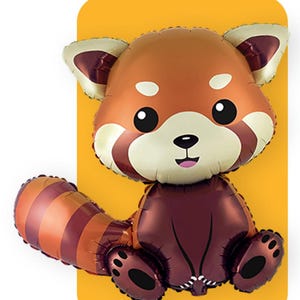 May include: A foil balloon shaped like a red panda with a copper-colored head, cream-colored face markings, and large black eyes. The body is dark brown with a long, striped tail featuring alternating bands of copper and dark brown colors.