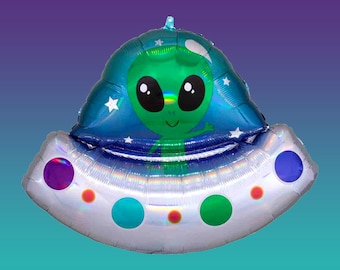 May include: A silver and blue foil balloon shaped like a UFO with a green alien face in the center. The balloon has white stars and colorful dots around the edges.