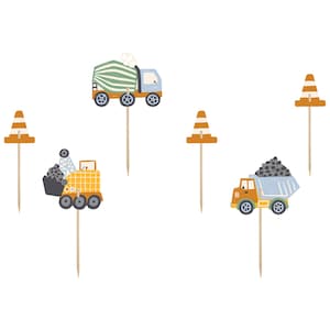 May include: A set of six construction-themed cupcake toppers. The toppers feature a cement mixer truck, a dump truck, a backhoe, and three orange traffic cones.