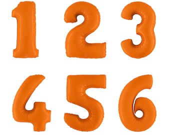 May include: Six orange balloon numbers, 1 through 6, are arranged in two rows of three. The balloons are inflated and have a shiny finish.