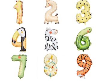 Animal Number Balloons, Jumbo Foil Wild Animals, Birthday Party Decor