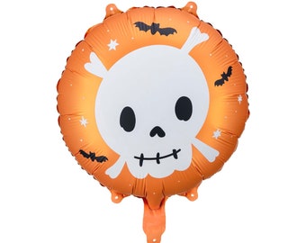 May include: Orange Halloween balloon with a white skull and crossbones design. The skull has a black smile and eyes. There are small black bats and stars on the balloon.