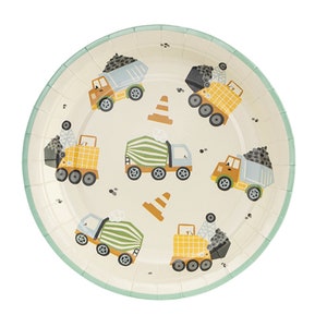 Construction Trucks Party Plates, Little Builder Birthday Party Theme, Dump Truck Party Supplies,Boys Like Trucks Tractors Orange Cones Hats