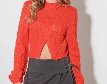 Crop Cable Knit Front Cut Out Long Sleeve Sweater. Perfect for fall and winter