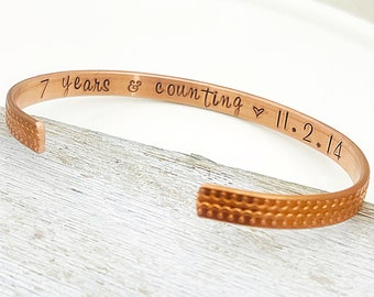 Couples Gift, Copper Gift, Copper Cuff Bracelet, 7 years and Counting, 7th Anniversary Gift, Copper Anniversary Gift,  Personalized,