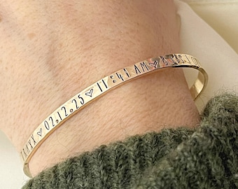 Birth Stats Bracelet, Custom Jewelry for New Mom or Grandma, Hammered Cuff Bracelet for Mom
