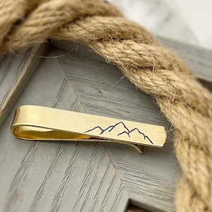 Mountain Tie Bar, Brass Gold Tie Clip, Gift to Groom from Bride, Graduation Gift for him, boyfriend, husband Groomsmen Tie Bar Outdoor