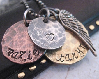 Hand Stamped Mixed Metal Personalized Necklace - Angel Wing Charm