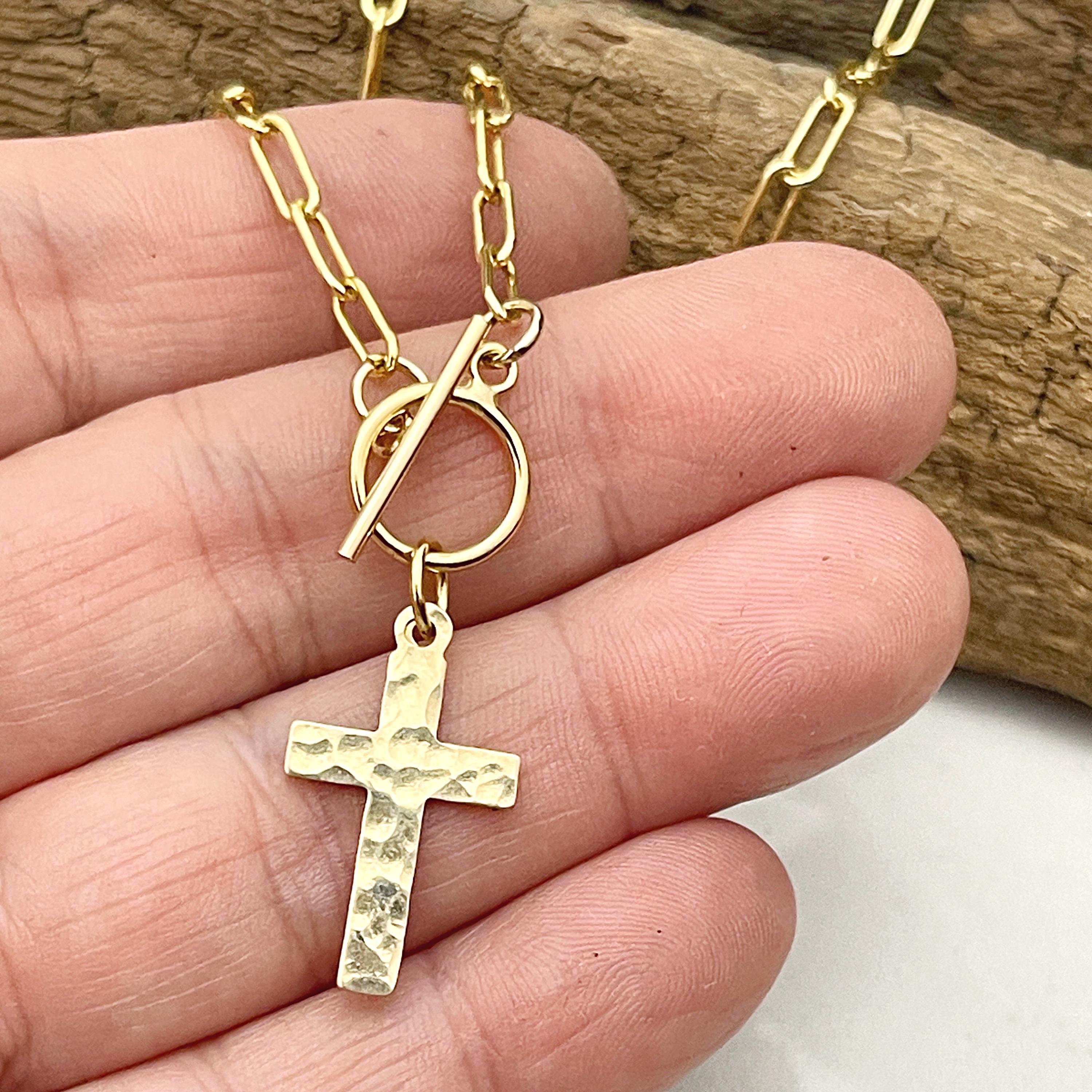 14k gold filled hammered cross necklace,  confirmation gift, baptism gift, paperclip chain toggle charm necklace, gift for women