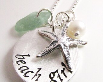 Beach Girl Necklace - beach charm necklace - hand stamped necklace - Beach Jewelry - Star Fish - Sea Glass Necklace - gift for beach lover