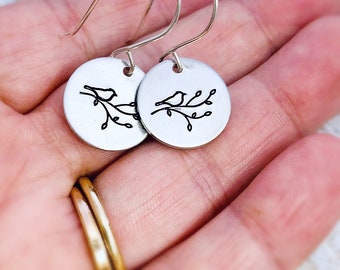 Bird Earrings - Bird on a Branch Earrings - Nature Lover Gift - Spring Earrings - Gift for Her - Bird Watcher Gift - Disk Earrings