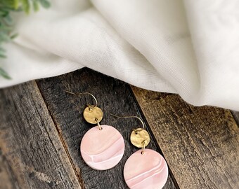 Handmade Clay Earrings,Pink and Gold Circle Dangle Earrings, Lightweight, hypoallergenic