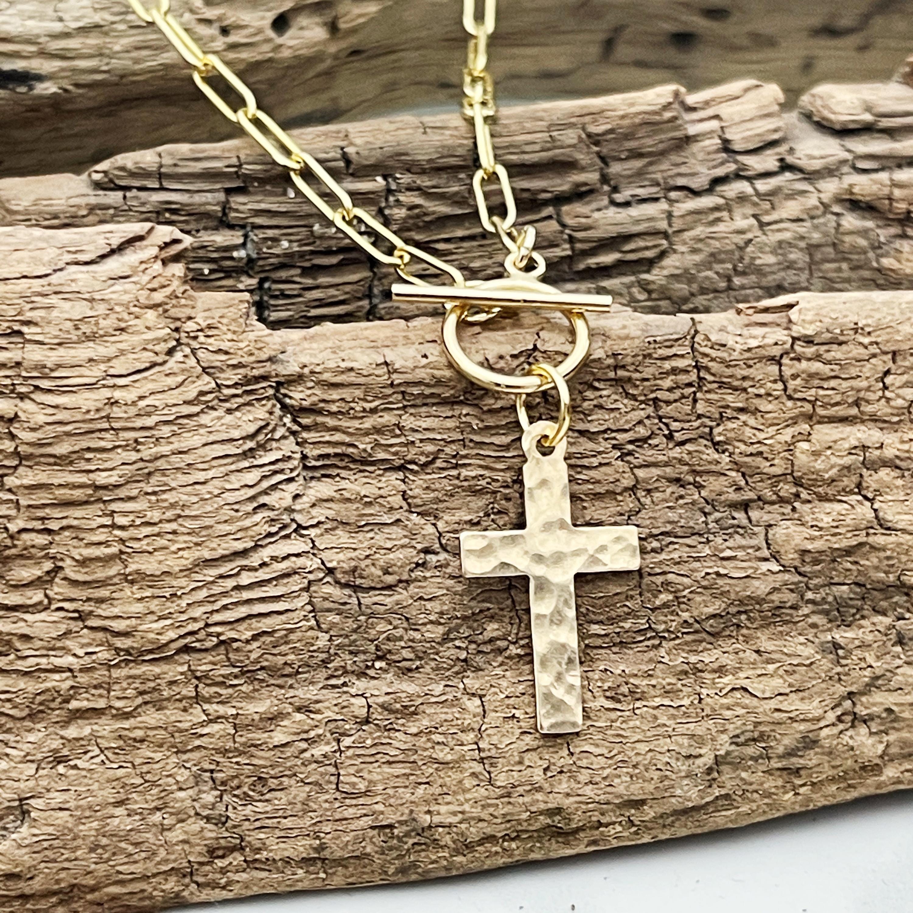 14k gold filled hammered cross necklace,  confirmation gift, baptism gift, paperclip chain toggle charm necklace, gift for women