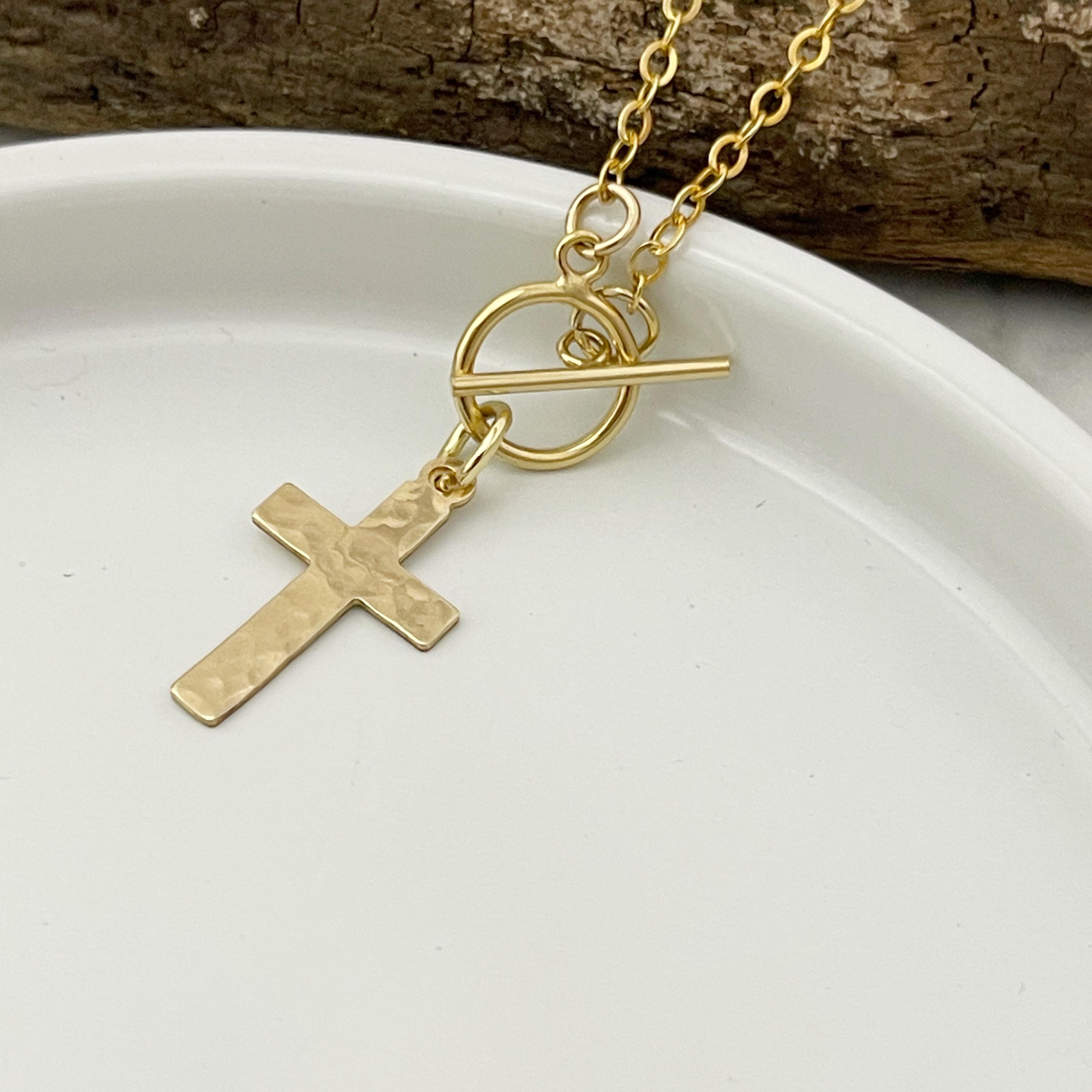 14k gold filled hammered cross necklace,  confirmation gift, baptism gift, paperclip chain toggle charm necklace, gift for women