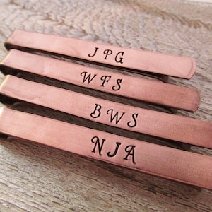 Groomsmen Tie Clips - Set of 12 - Personalized Men&#39;s Tie Bar - Monogramed Tie Clip - Hand Stamped Tie Clip - Copper Tie Bar