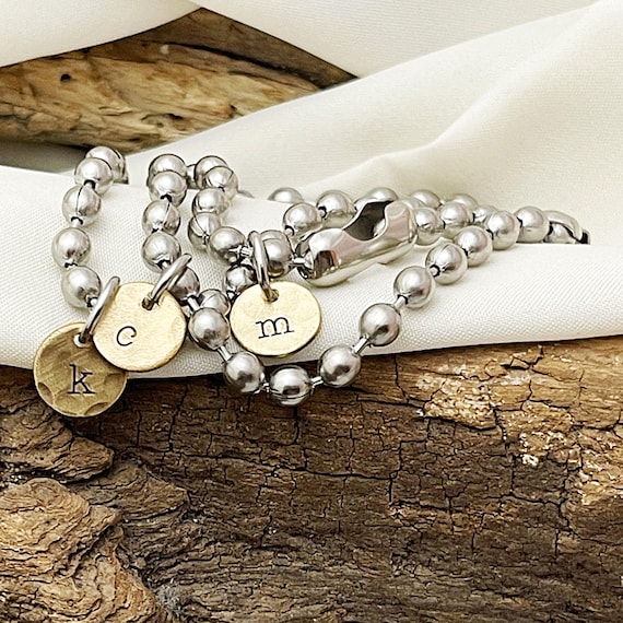 Initial Charm Bracelet: Mixed Metal Ball Chain, Personalized Brass Coin