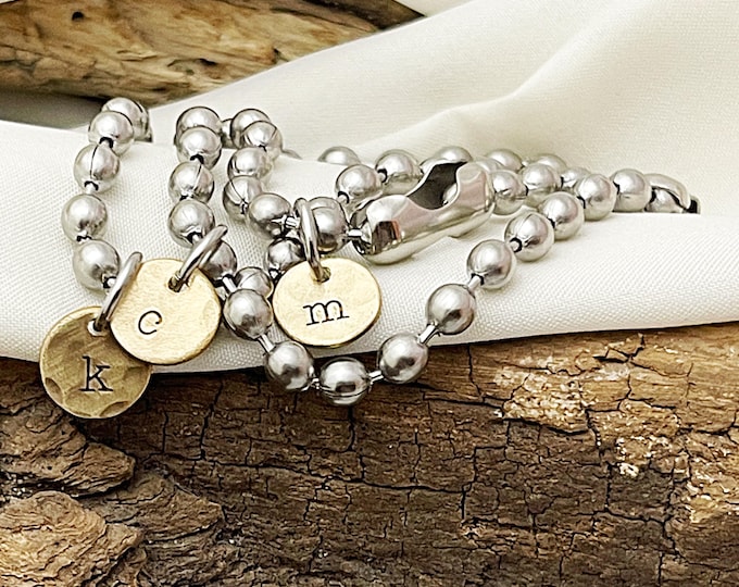 Initial Charm Bracelet: Mixed Metal Ball Chain, Personalized Brass Coin
